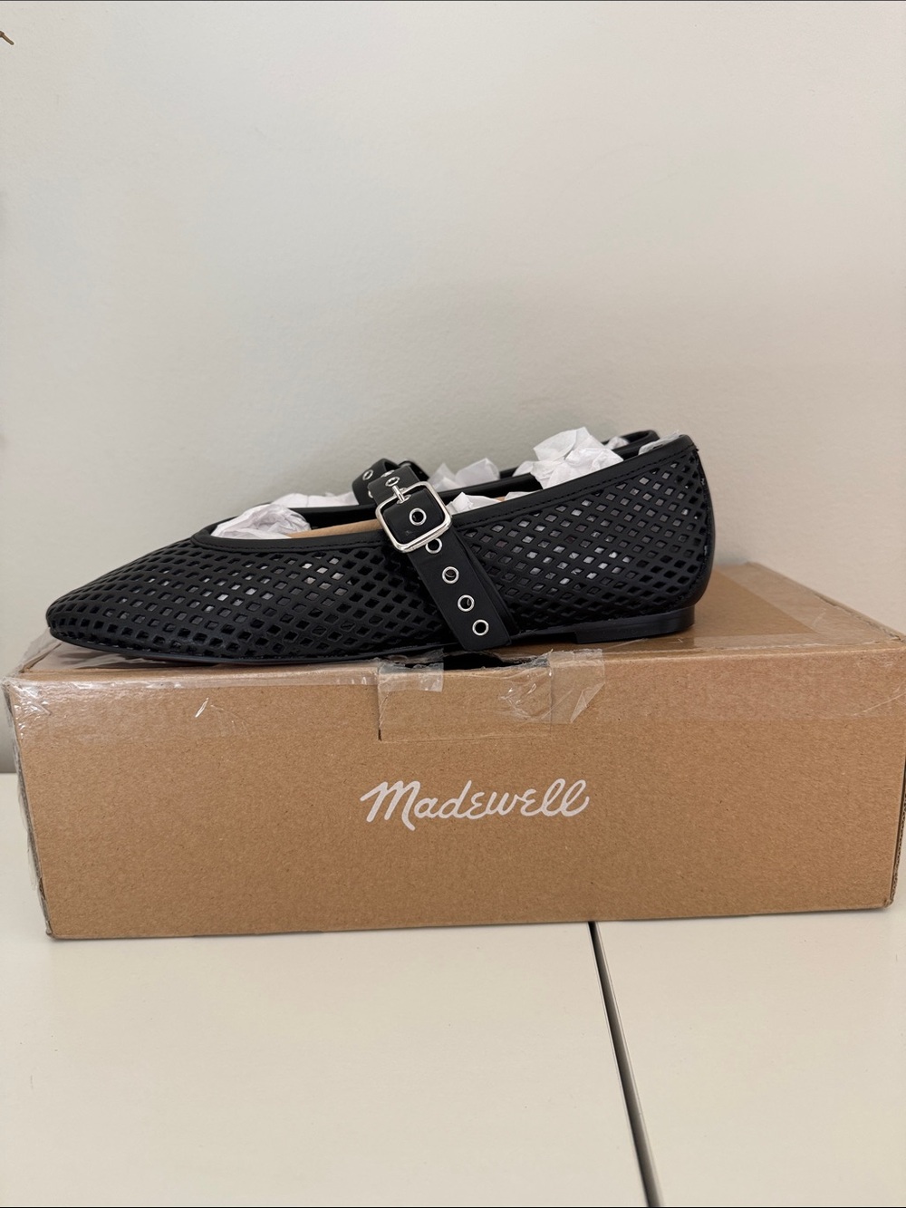Madewell Black Perforated Mary-Jane Flats with Buckle Strap
